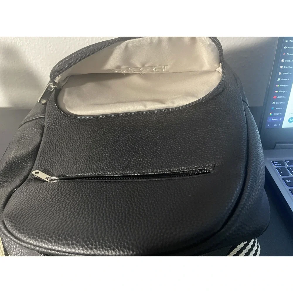 HGB Monogrammed Black Pebbled Vegan Leather Backpack Striped Straps